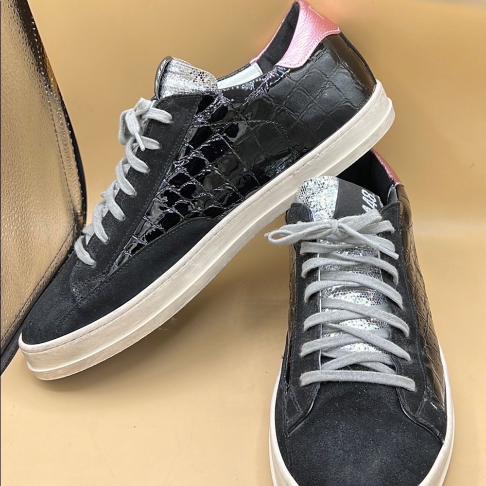 You Can Surf Later P448 mens siz 44 black patent & suede silver & pink sneakers